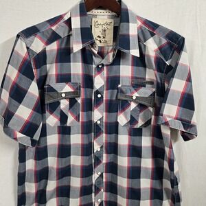Vtg Coastal Men's XL Western Pearl Snap Plaid Short-Sleeve Shirt Red Blue Logo